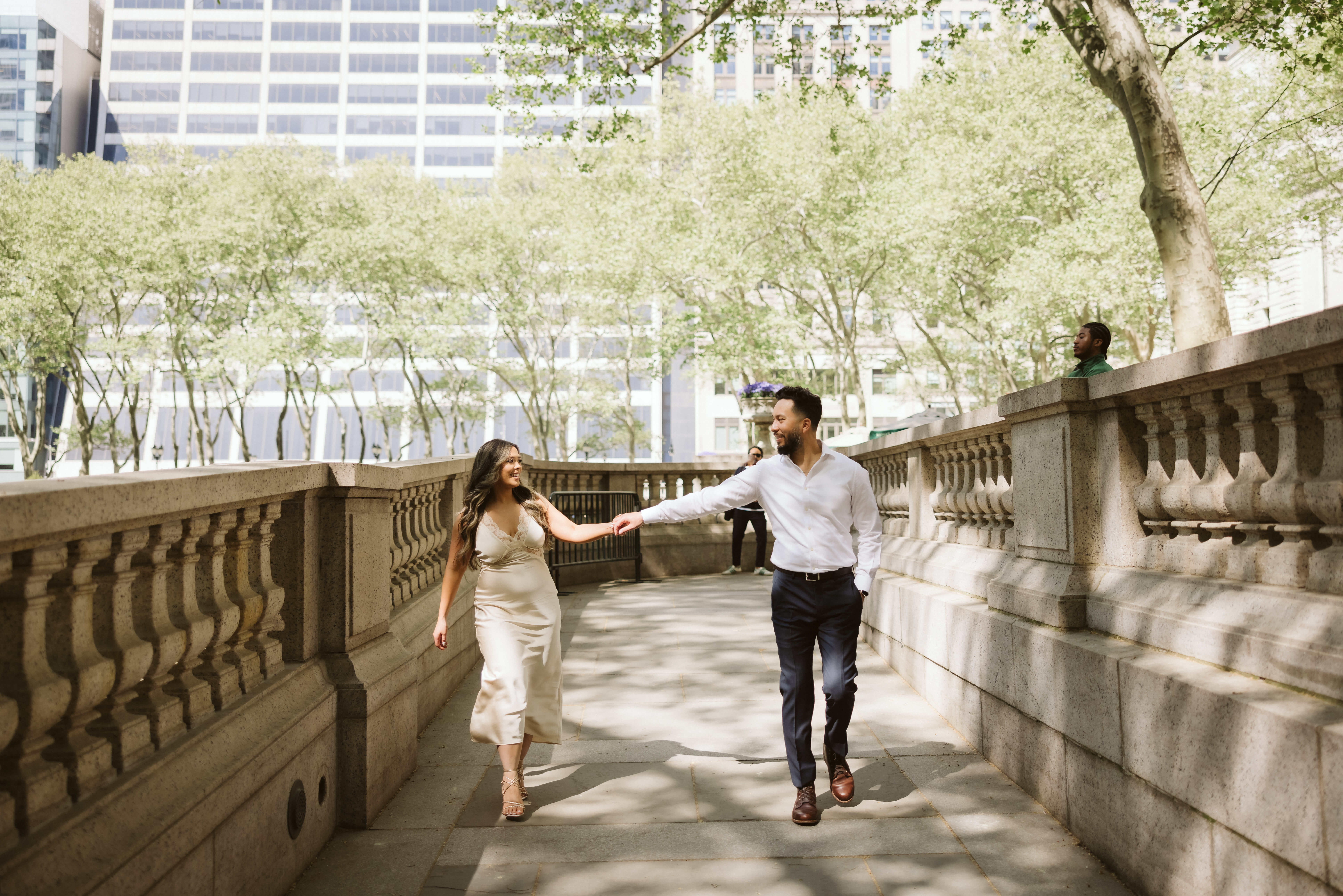 Spring engagement session in Bryant Park, NYC. Photo by OkCrowe Photography.