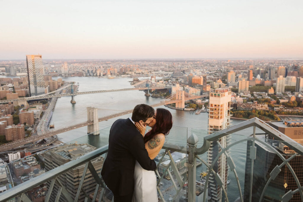 Golden hour rooftop newlywed portraits at Saga restaurant's Solarium. Photo by OkCrowe Photography.