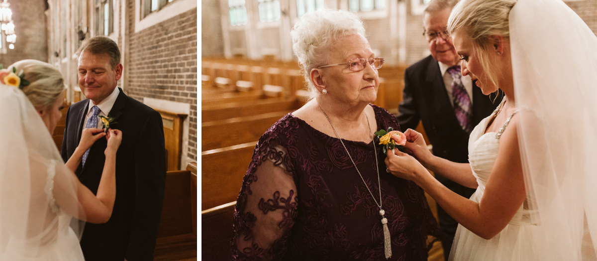 Bride pins a boutonniere on her father's lapel and a corsage on her grandmother's dress.