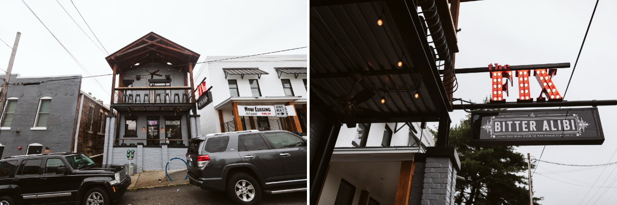 The two-story front porch of The Bitter Alibi in downtown Chattanooga, TN