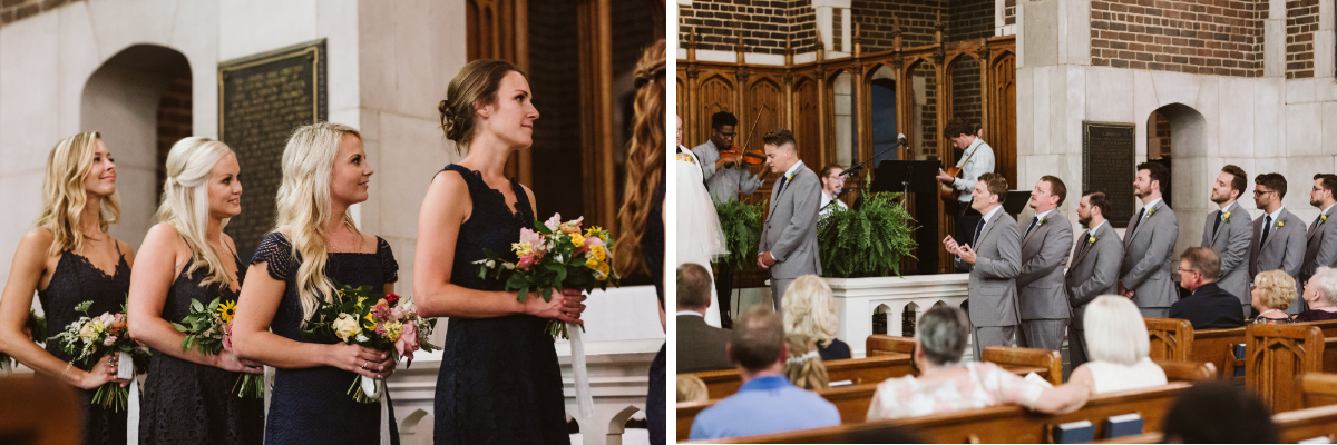 Bridesmaids and groomsmen stand at front of Patten Chapel