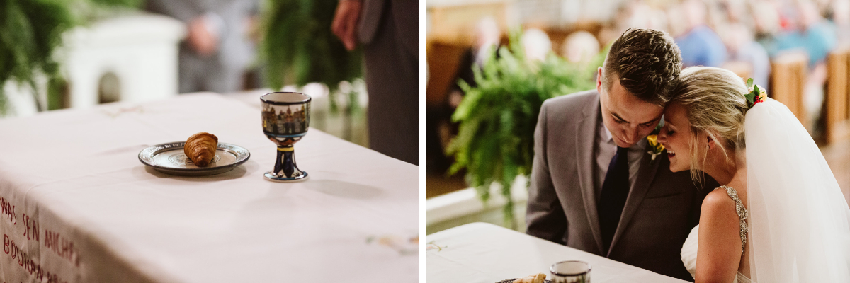 Bride and groom share a private communion, their heads touching as she smiles.