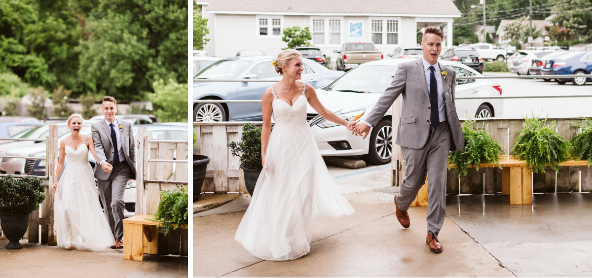 Bride and groom walk through fence door, green ferns sit on benches along the fence.