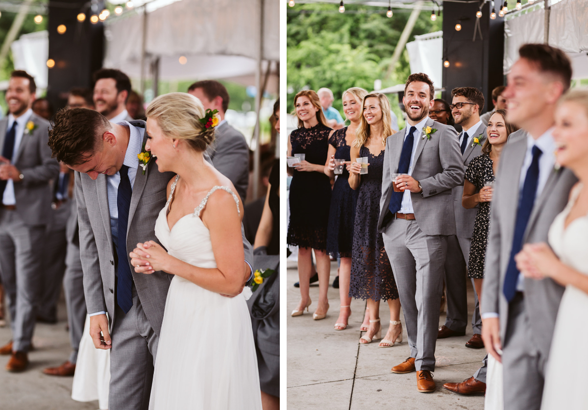 Groom, bride, and wedding guests laugh