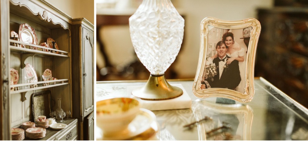 antique wedding day details including a framed photo of Bride's mother and father on their wedding day