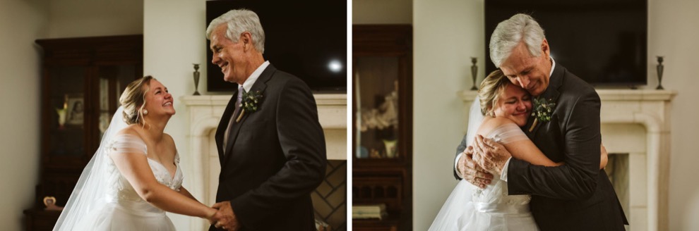 bride hugging her father on wedding day