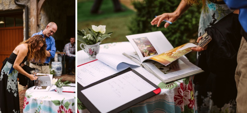 guests signing guestbook on a floral tablecloth