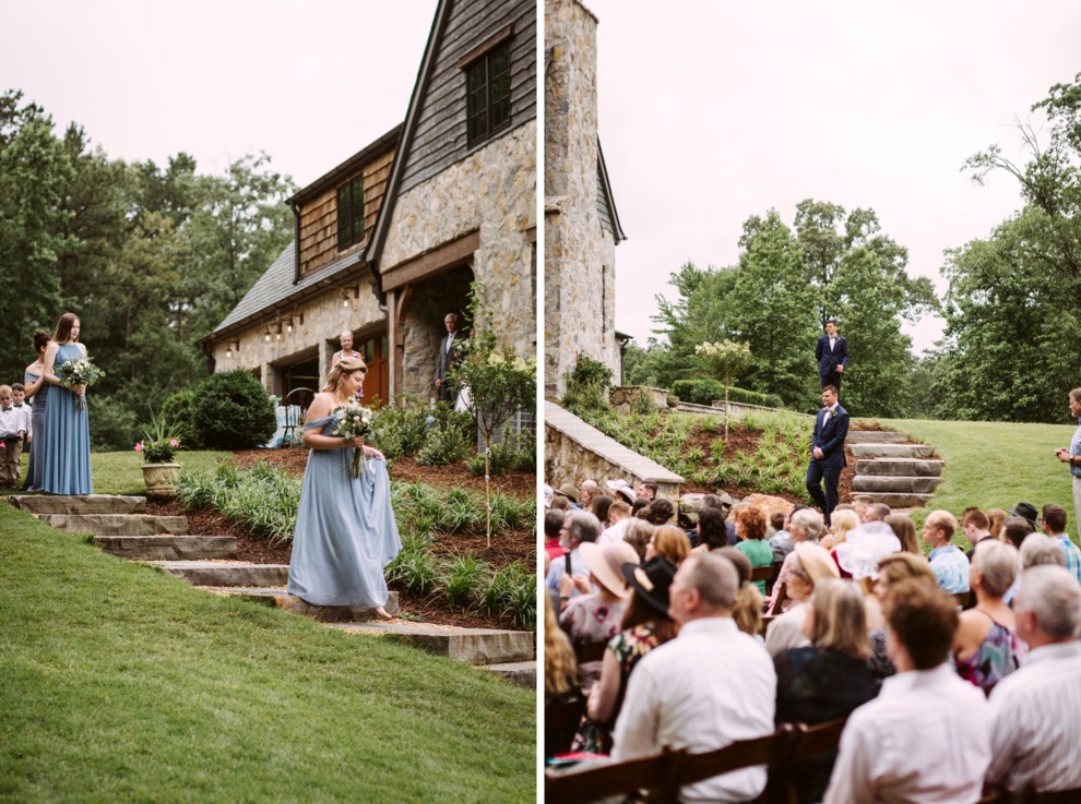 bridesmaids and groomsmen walking down stone steps during backyard wedding ceremony