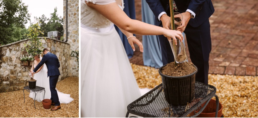 Bride and groom adding dirt to a planter with a young oak tree during their backyard wedding ceremony