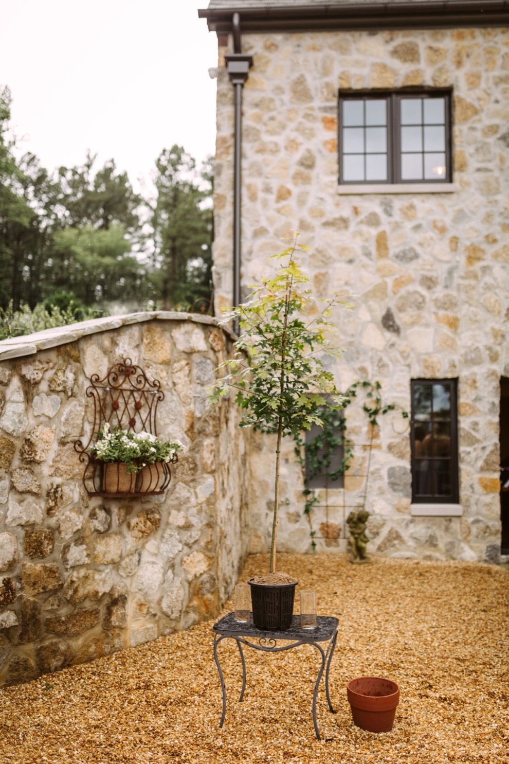 young oak tree in planter on a small table in the courtyard of a stone house