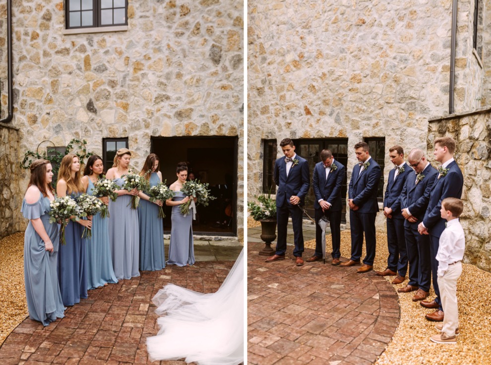 bridesmaids and groomsmen standing during ceremony
