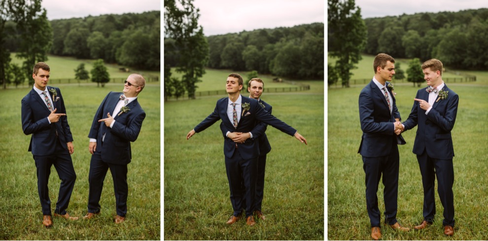 groomsmen doing goofy poses in large grass field for portraits