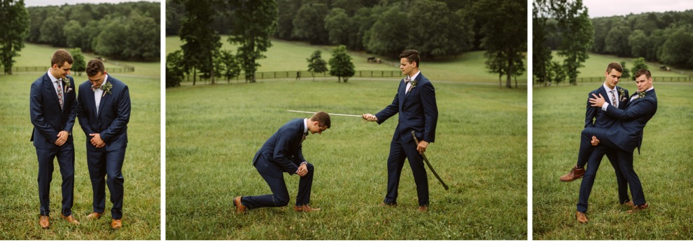 groomsmen doing goofy poses in large grass field for portraits