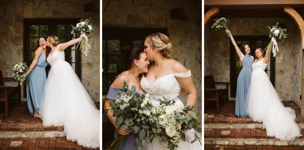 bride with bridesmaids making silly faces on a brick step in front of a stone porch