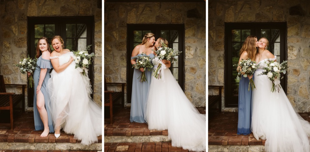 bride with bridesmaids making silly faces on a brick step in front of a stone porch