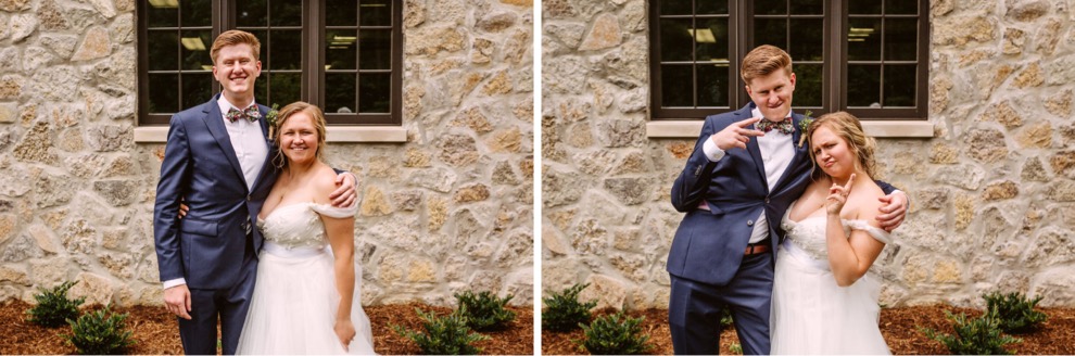 bride posing with family and making peace sign