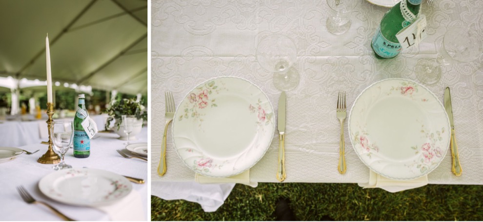 table setting of fine china and silverware on a lace-covered table at a Georgia backyard wedding