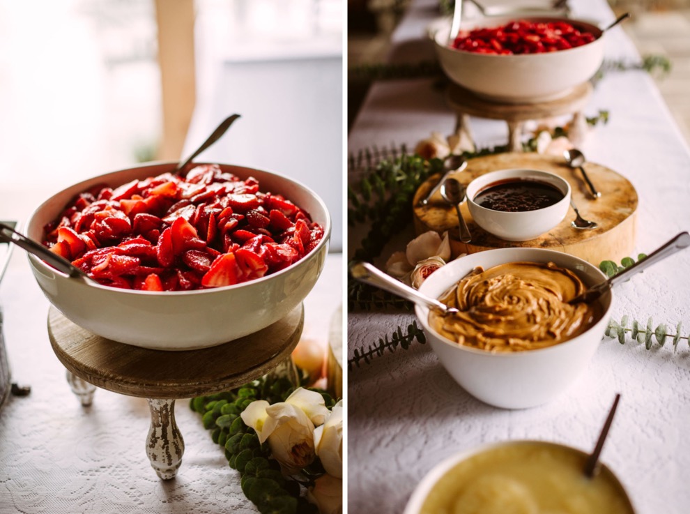 desserts of fruit and toppings catered for backyard brunch wedding