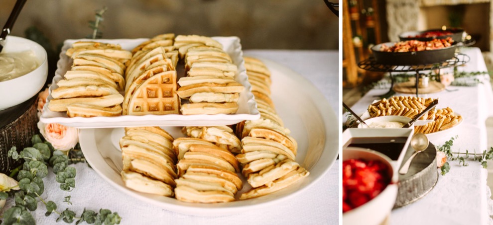 buffet tables covered with dishes of waffles and toppings for backyard brunch wedding