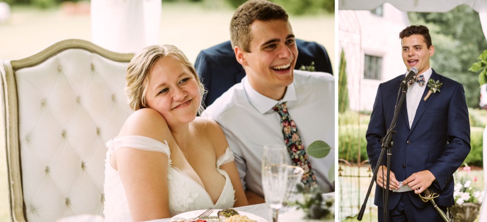 bride and groom laughing while listening to a groomsman's wedding toast