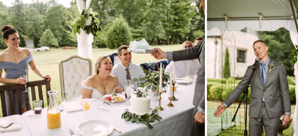 bride and groom listening to wedding toasts