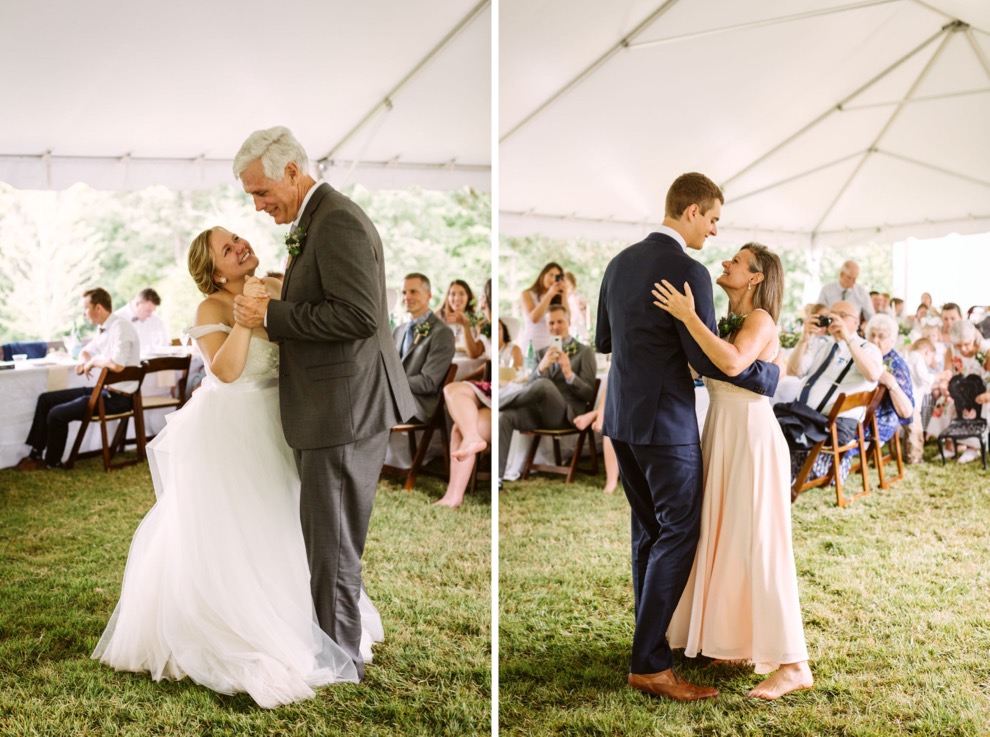 bride and groom dancing with parents under white tent at their outdoor brunch wedding reception