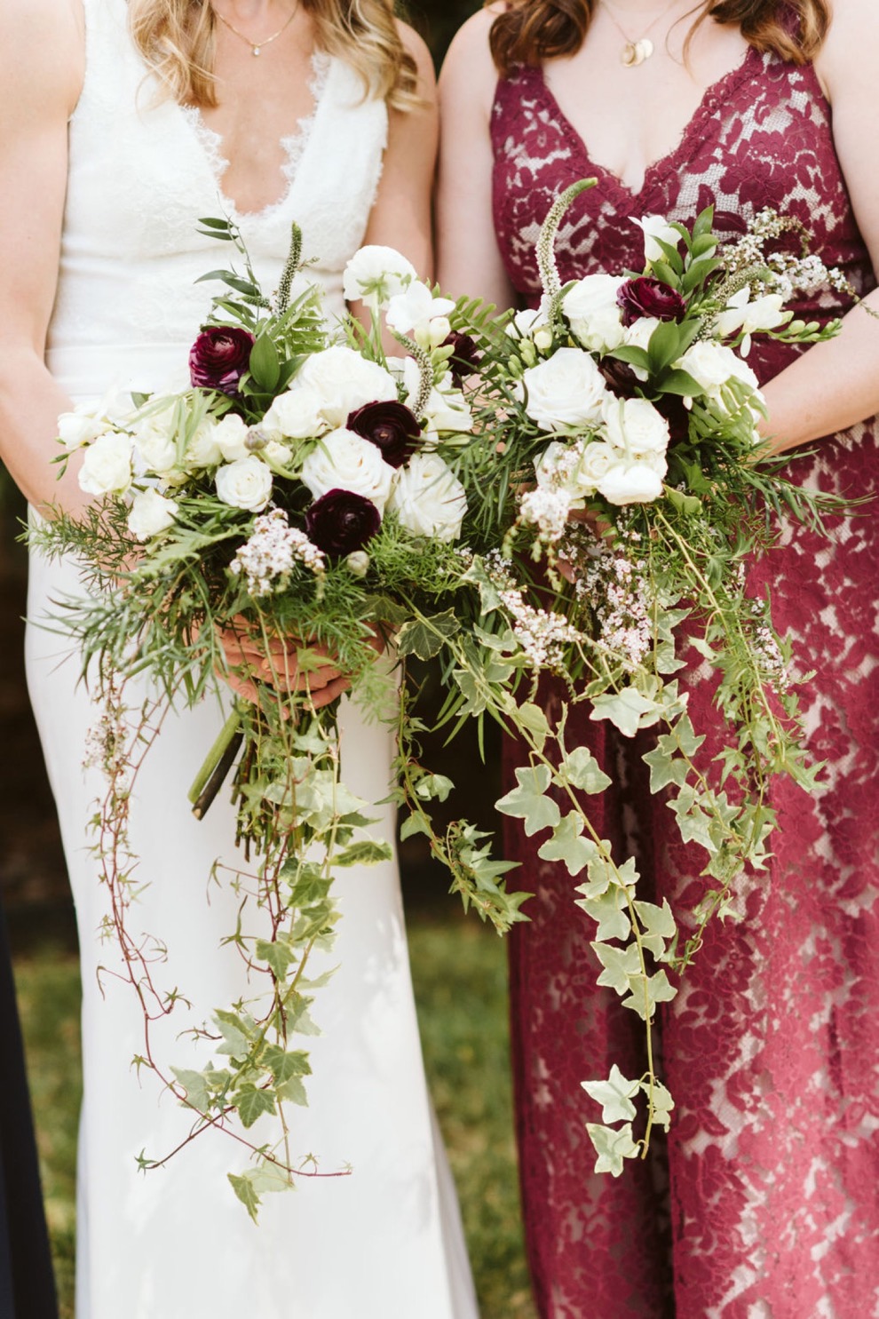 simple white, green and burgundy wedding bouquets