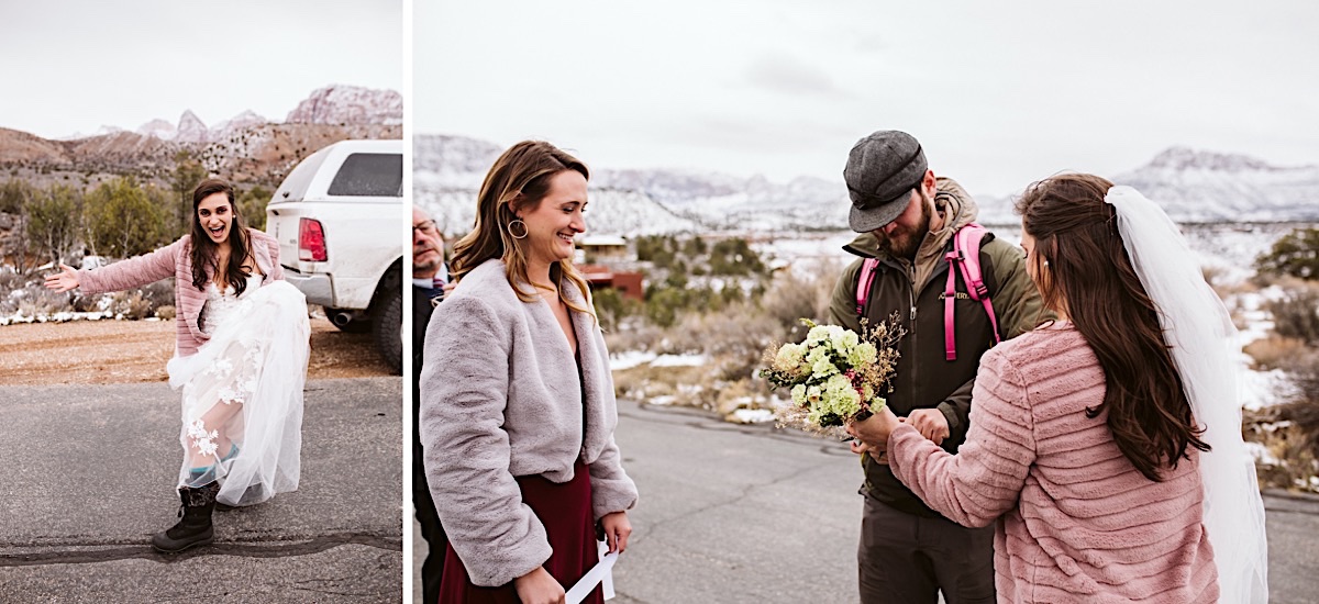 Bride dressed in lacy gown, long veil, pink fur coat and snow boots prepares her bouquet with friends