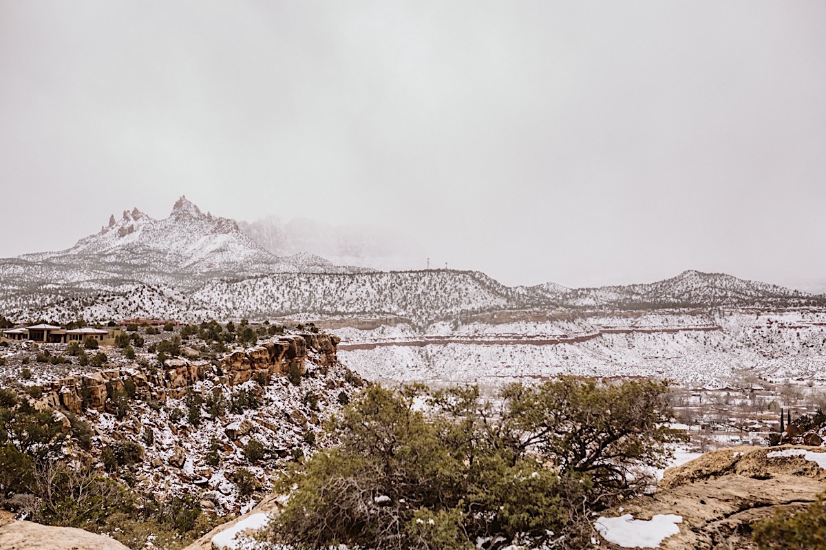 Snow dusted cliffs and valleys of Zion National Park