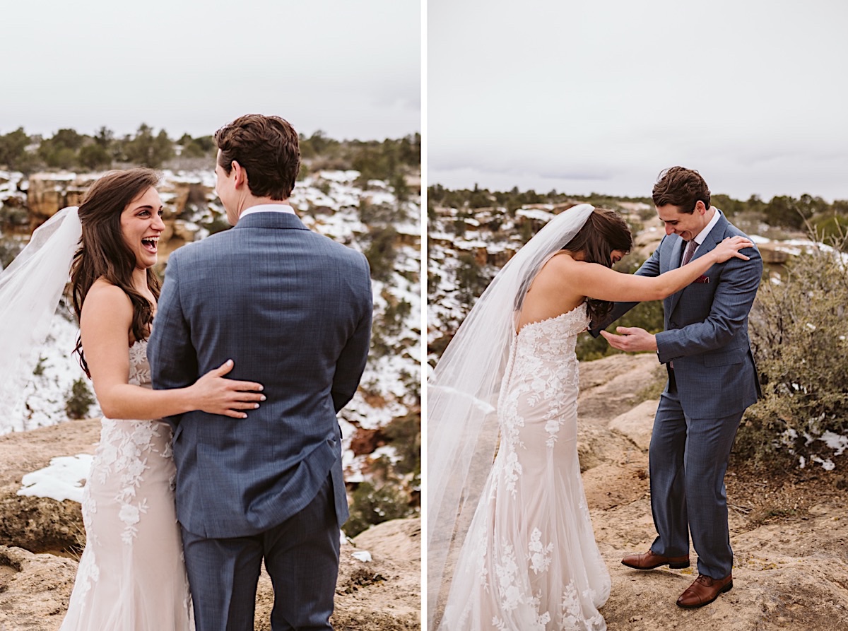 Bride and groom see each other for the first time, laughing and admiring how each other look in their wedding attire