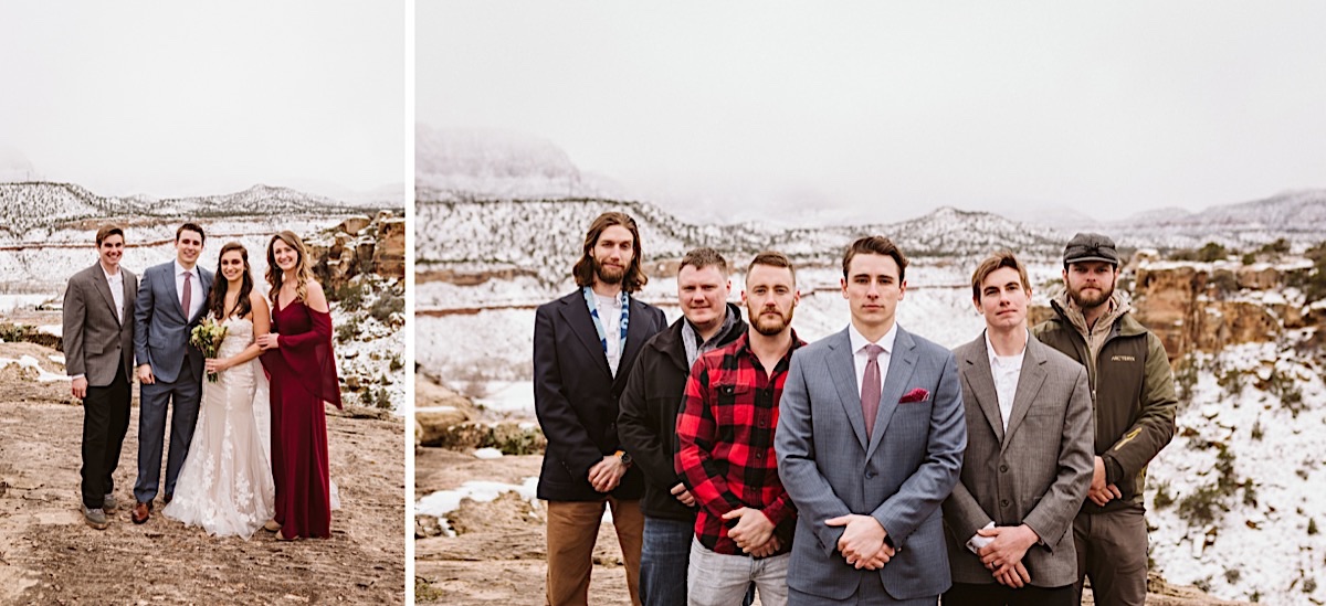 Groom stands with groomsmen, arms crossed in front of them, with the snowy hills of Zion National Park in the background.