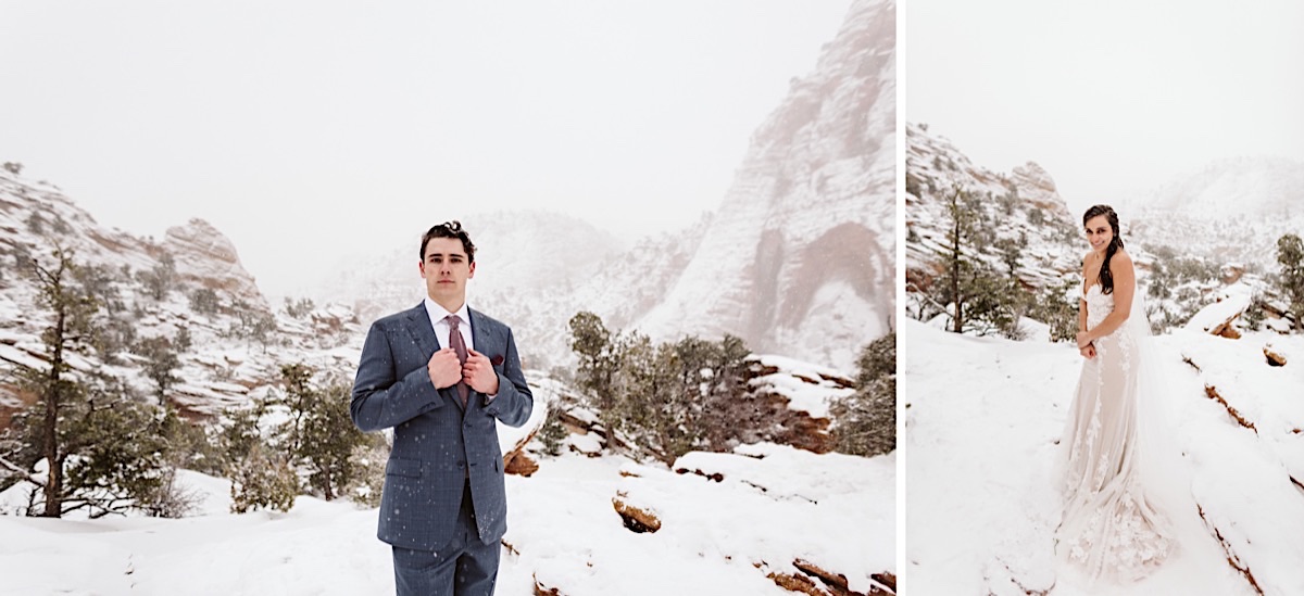 Bride and groom stand in the snow with the red cliffs of Zion National Park behind them.