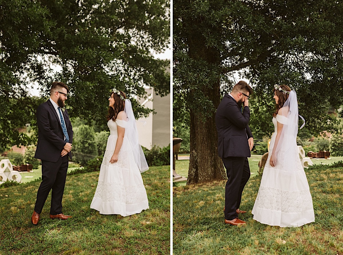 Groom turns toward bride for first look and covers his eyes as he begins to cry