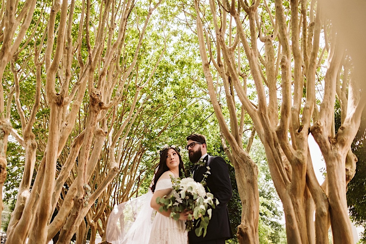 Bride and groom cuddle under crepe myrtles. She holds a large bouquet of white flowers and eucalyptus leaves.