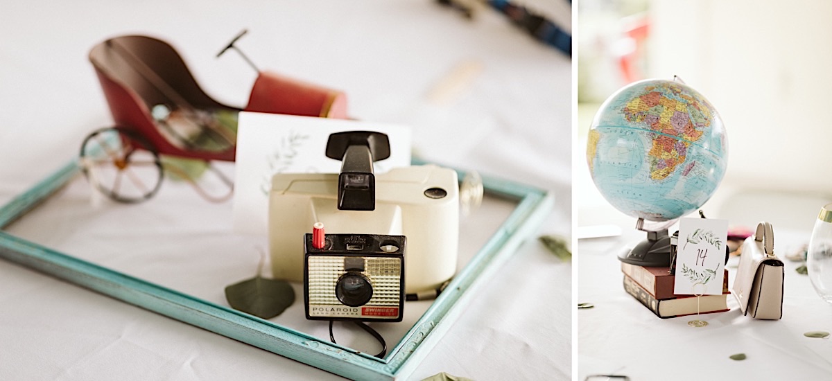 Wedding reception table details: Retro camera sits inside a blue picture frame. Globe sits on top of books.