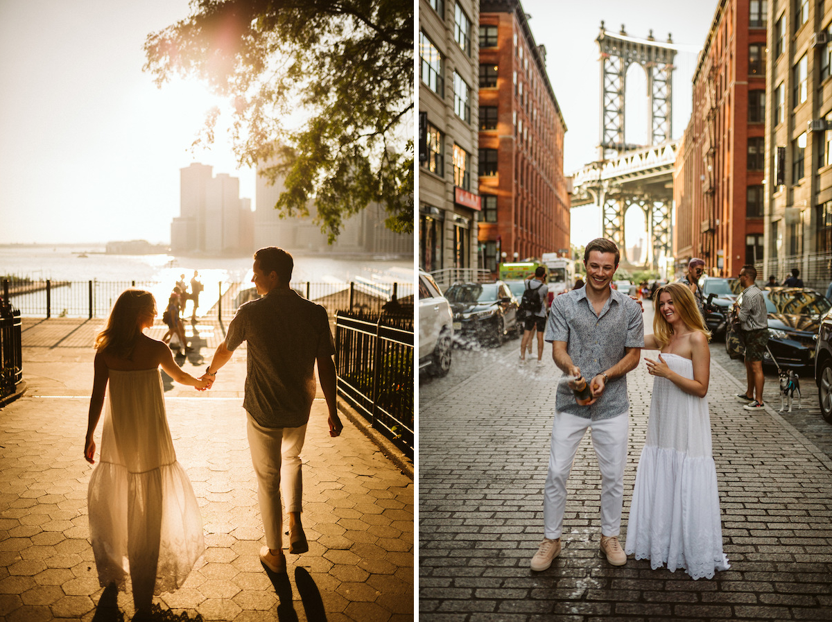 Man and woman pop open a bottle of champagne in Dumbo New York City with Brooklyn Bridge in background