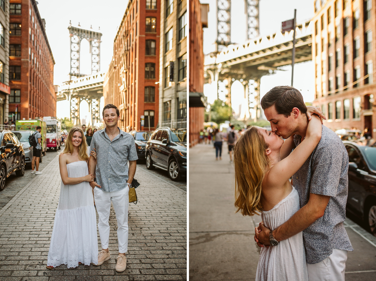 Man and woman kiss on a brick street with Brooklyn Bridge in the background