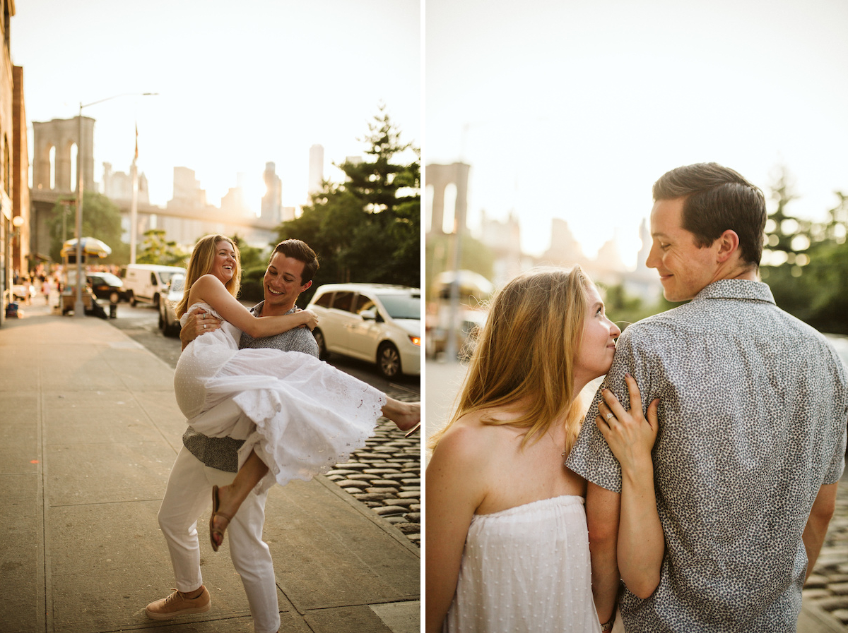 Man and woman hold each other on the sidewalk during their engagement session in Dumbo Brooklyn near the Brooklyn Bridge