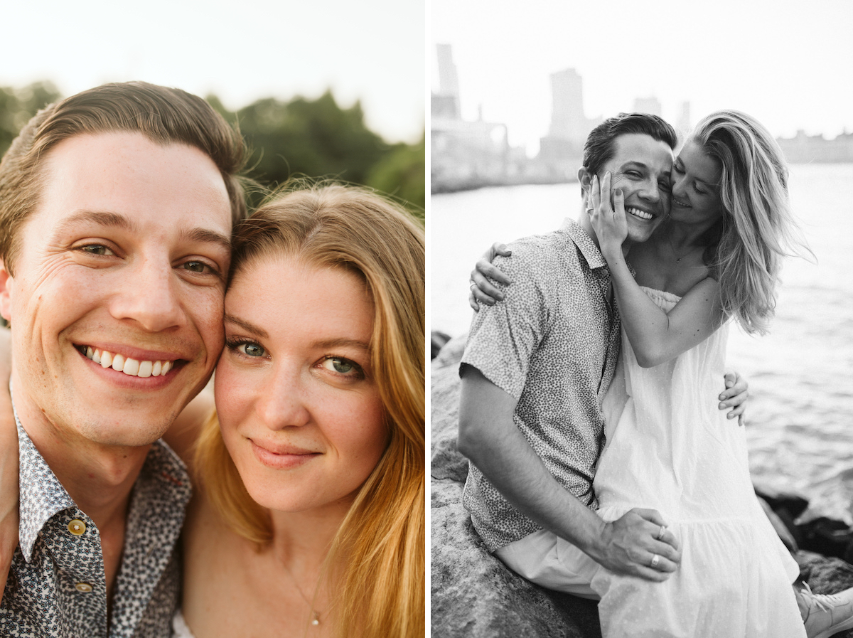 Man and woman cuddle on large rocks at the East River in New York City