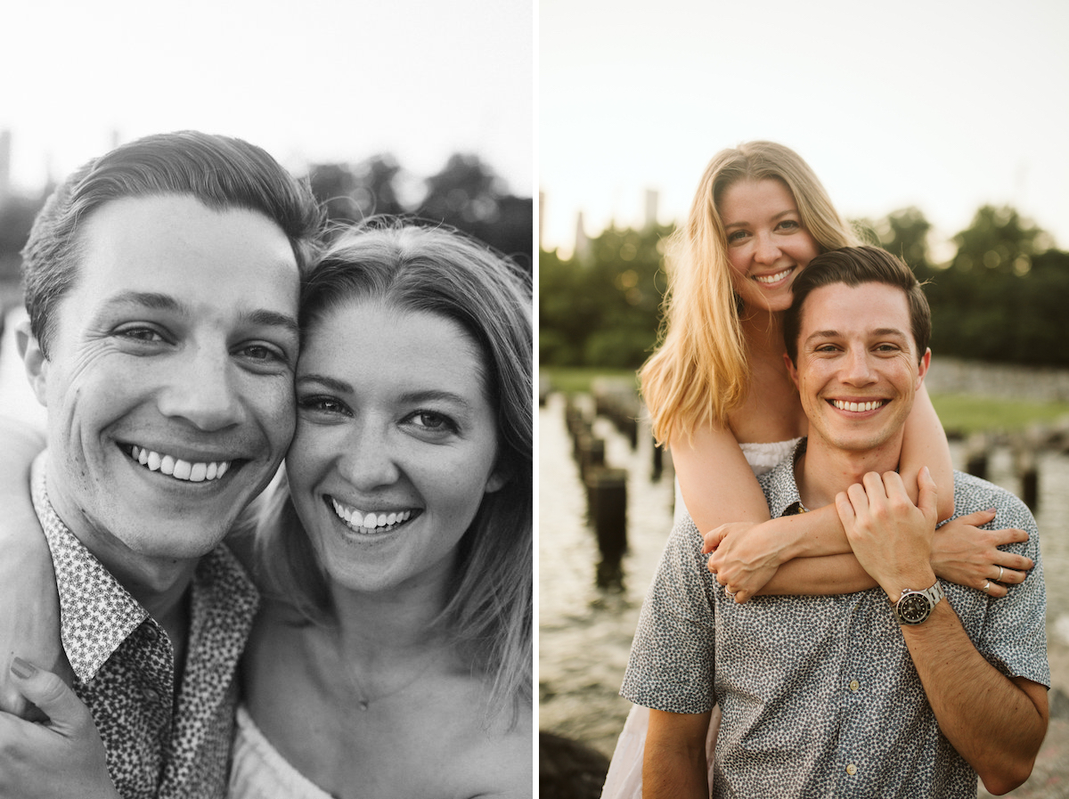 Woman cuddles man over his shoulder during golden hour