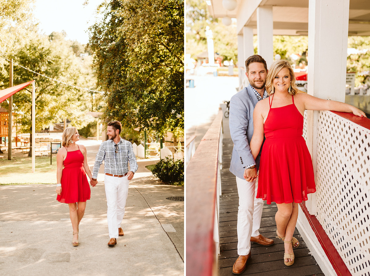 Man and woman stand near white lattice divider