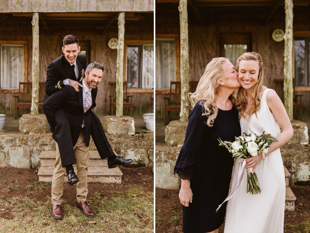 Groom jumps on officiant's back in celebration and bride receives kiss on cheek from her mother