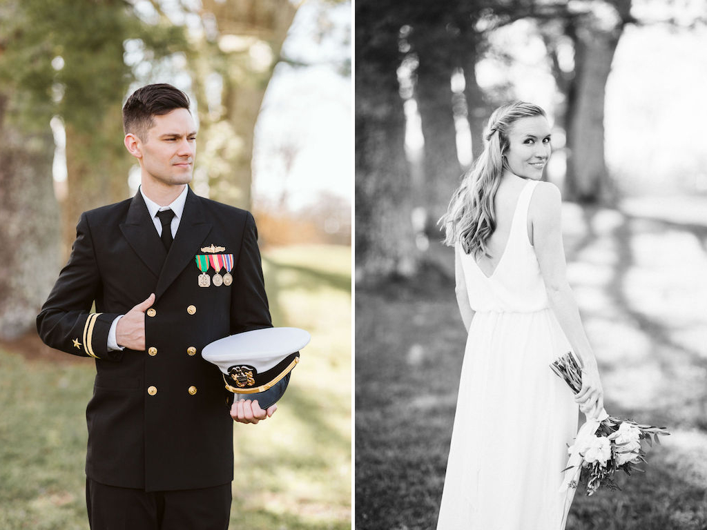 Groom in his military dress uniform holds his hat in one hand. Bride smiles over her shoulder with bouquet at her side.