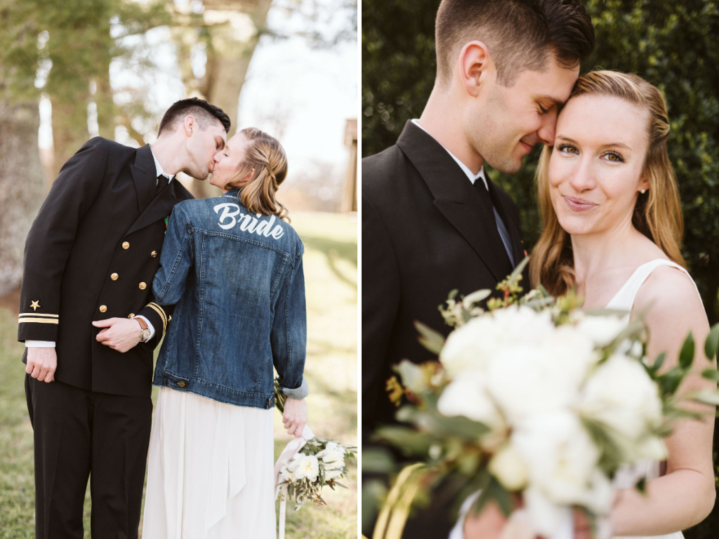 Bride and groom stand arm in arm. He wears a military dress uniform, and she wears a customized bride denim jacket.
