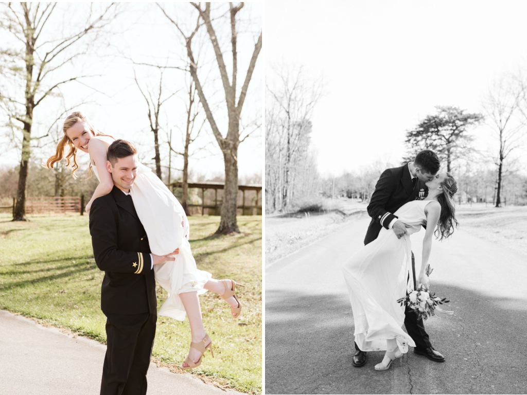 Groom in military dress uniform holds bride over his shoulder while she laughs.