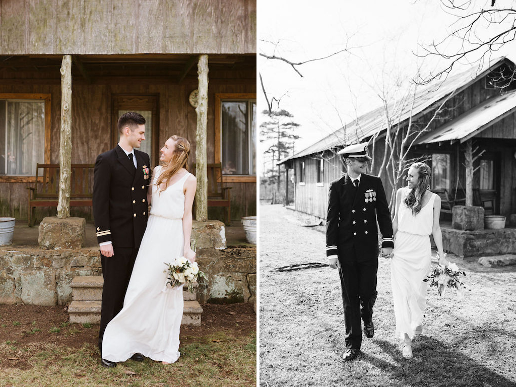 Bride and groom hold hands in front of antique family cabin's front porch after their intimate elopement