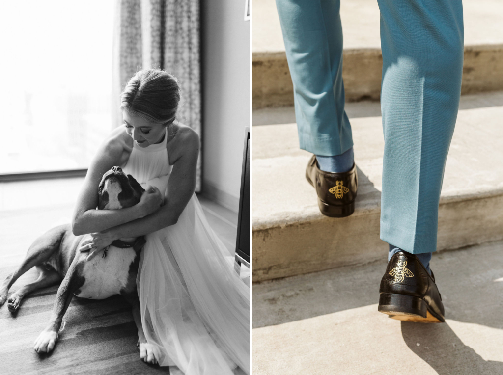 Bride hugging her family's dog and gold bumblebees painted on the back of groom's shoes