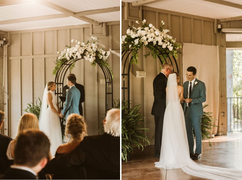 Bride and groom stand with minister under simple floral archway during Lookout Mountain Chattanooga Tennessee wedding ceremony