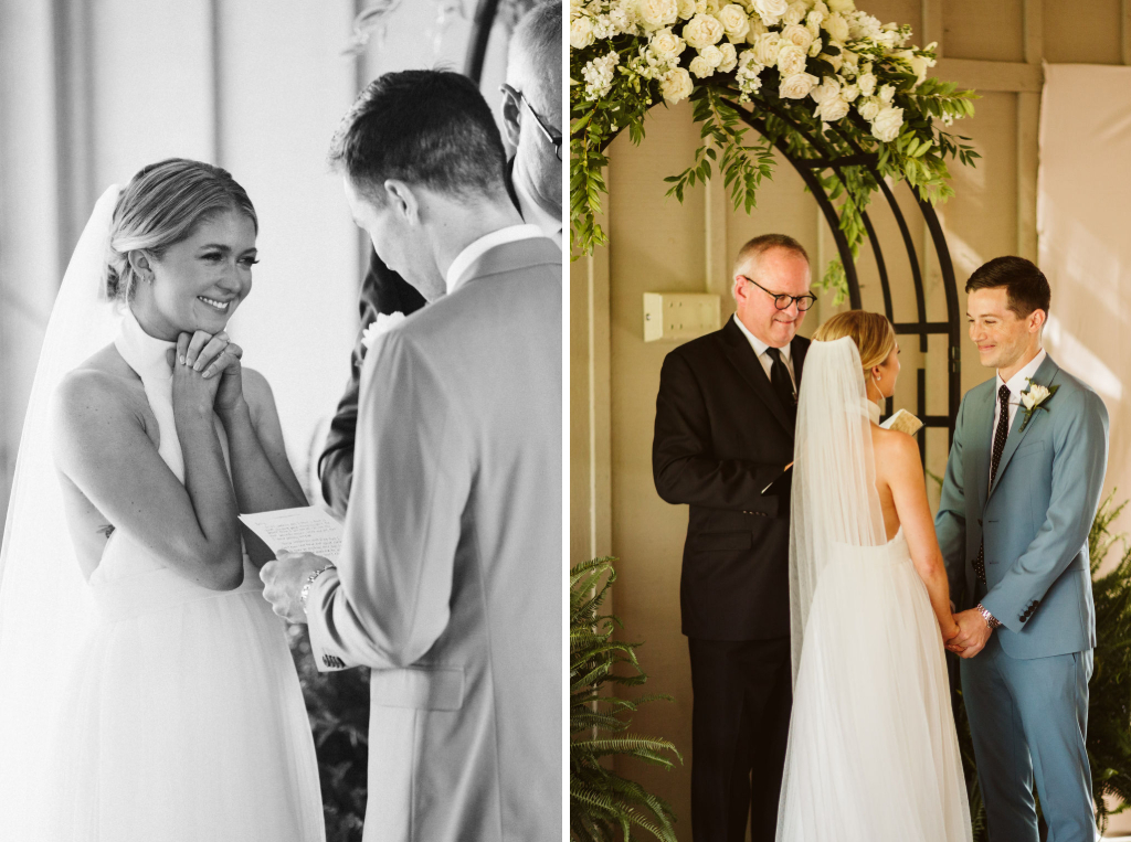 Bride and groom stand with minister under simple floral archway during Lookout Mountain Chattanooga Tennessee wedding ceremony