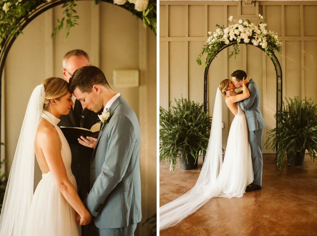 Bride and groom with heads bowed together during prayer during their Lookout Mountain Chattanooga Tennessee wedding ceremony